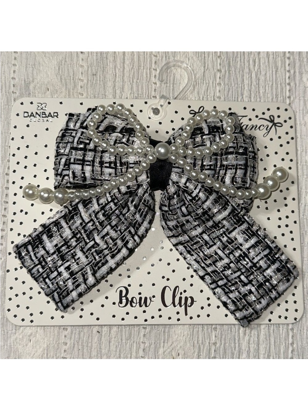 DANBAR GLOBAL Black White Velvet Tweed Faux Pearl Overlay Bow Hair Clip